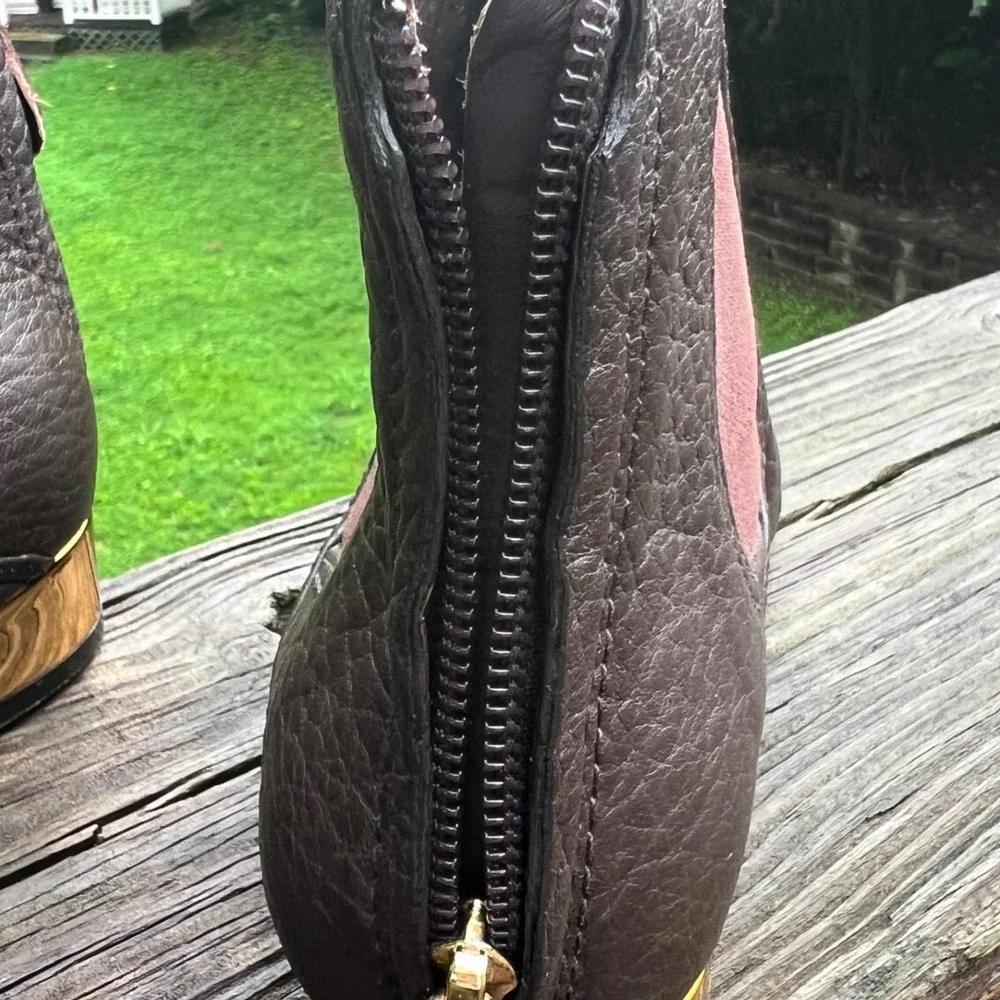 Tory Burch Ankle Boots Pebbled Leather 8M Brown Gold Heel Chelsea Luxury Chic